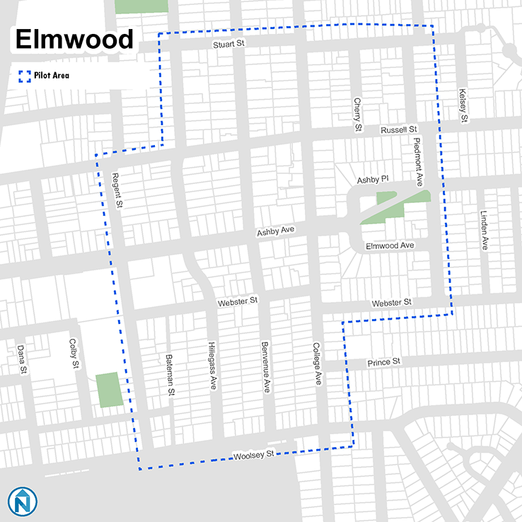 Map shows the Elmwood project area which boarders Stuart St. in the north, Piedmont in the East, Woolsey St. in the South and Regent St. in the West. Streets included in the project area include Russell Street, Ashby Avenue, Webster Street, College Avenue, Bienvenue Avenue, and Bateman Street.